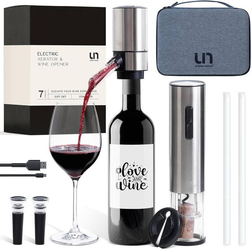 urban noon Rechargeable Electric Wine Opener Set with Aerator, Foil Cutter & Vacuum Stoppers – Automatic Wine Bottle Opener Kit with Portable Case – 7 Piece Wine Gift Set (Silver) - Image 1